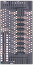 Layout of a 8x4,L=2 switch (d) Die Shot of the switch with I/O marked